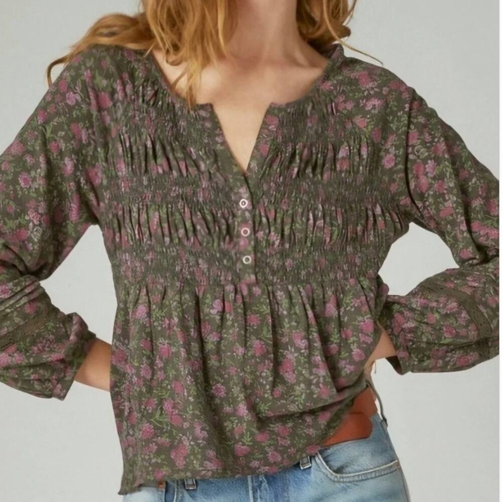 Lucky Brand Floral Smocked Long-Sleeve Babydoll Top Shirt Crochet Lace Detail S